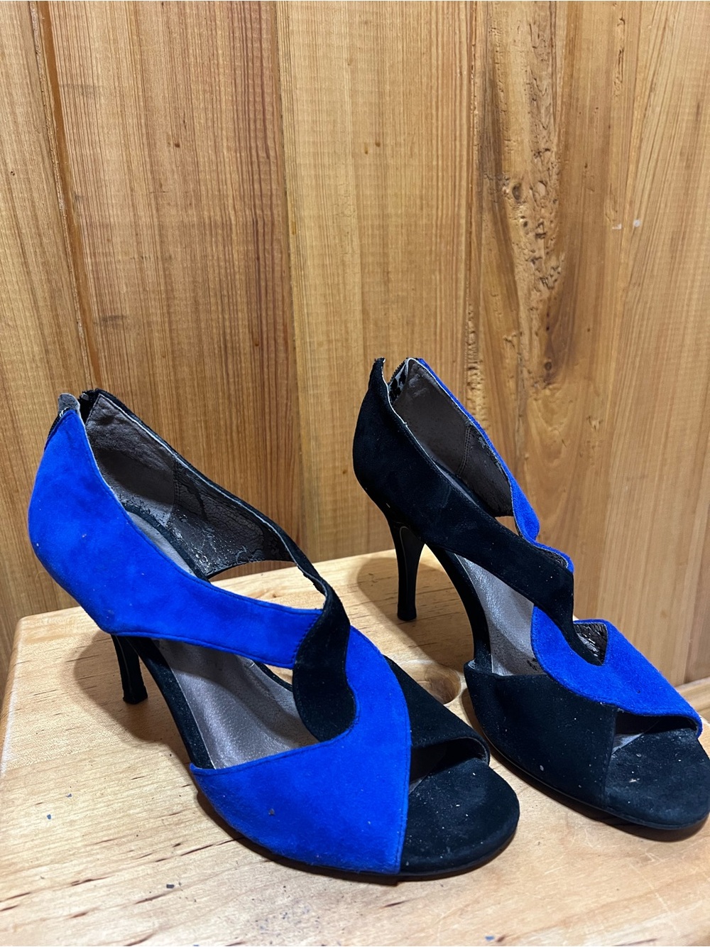 Moda Spana Blue and Black Suede Cutout Peep-Toe Heels